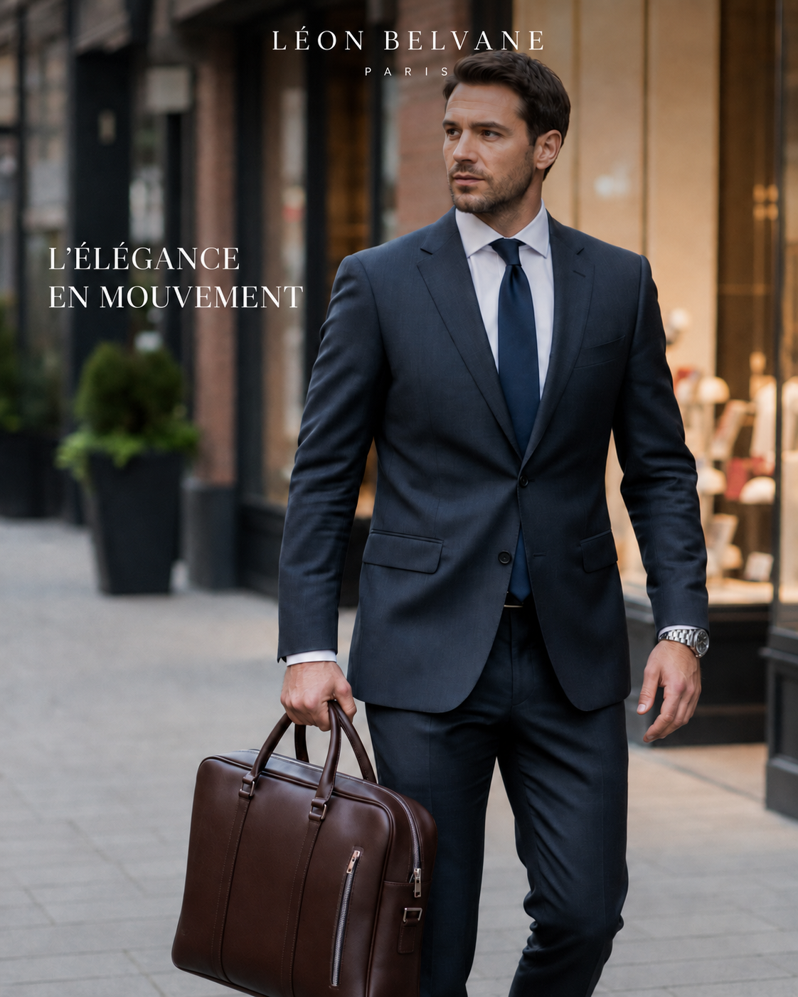 Homme en tenue de bureau portant le sac ordinateur 16 pouces Dandy 16 en cuir de Léon Belvane